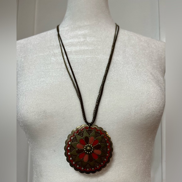 Brown Suede Cord & Chain Necklace Medallion Pendant gold tone enamel fall witchy - Picture 2 of 5